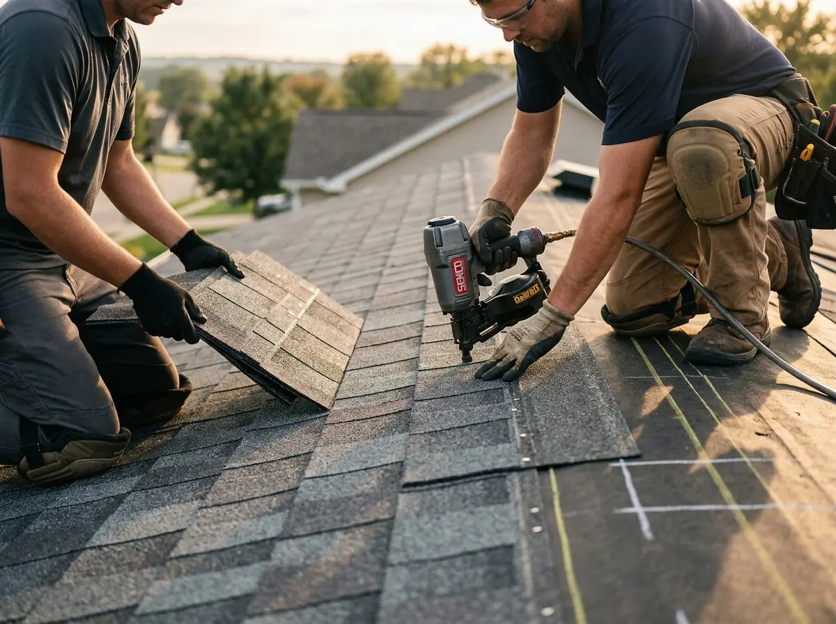 Professional roofer working on a residential roof in King
